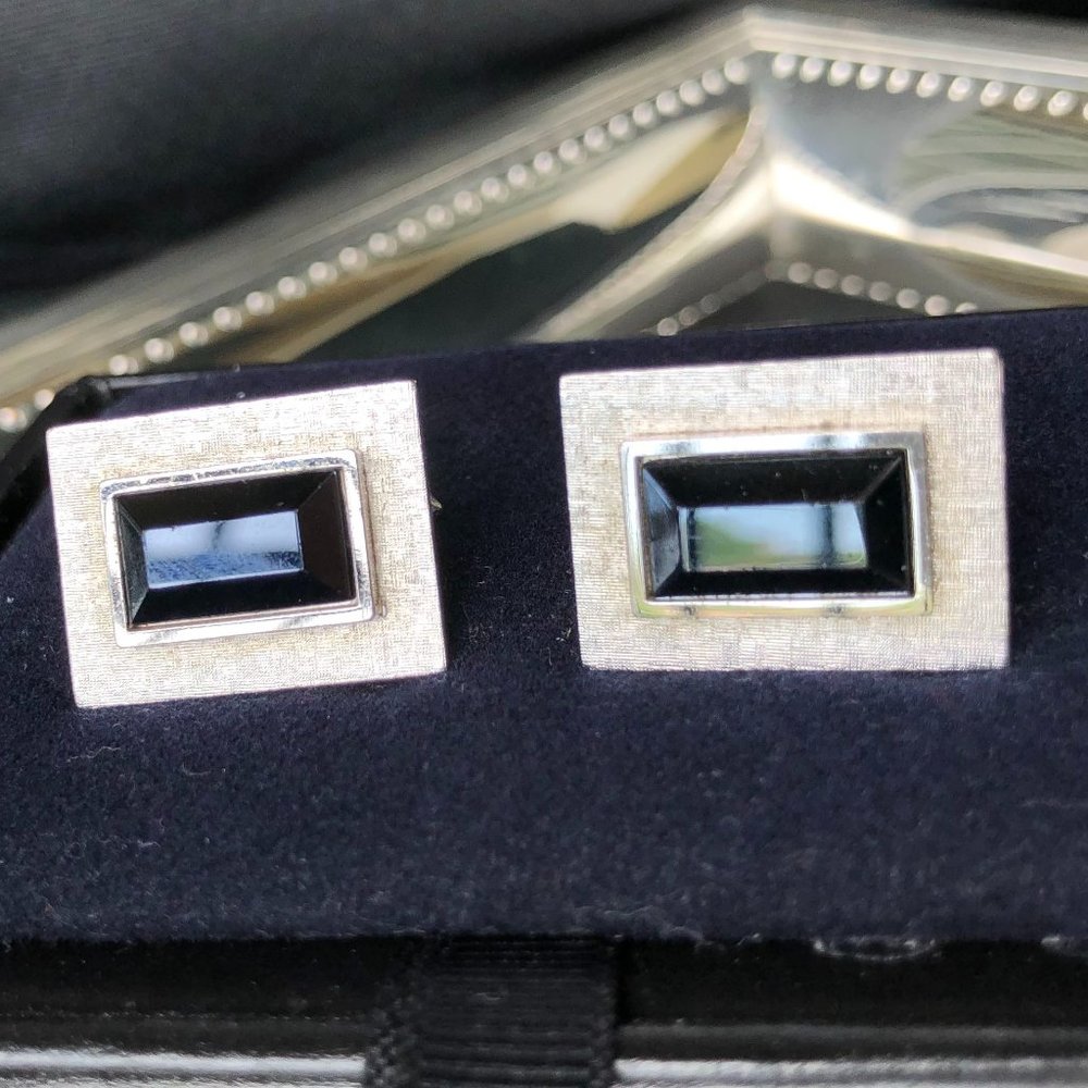 Vintage Gunmetal and Silver Rectangular Cuff Links